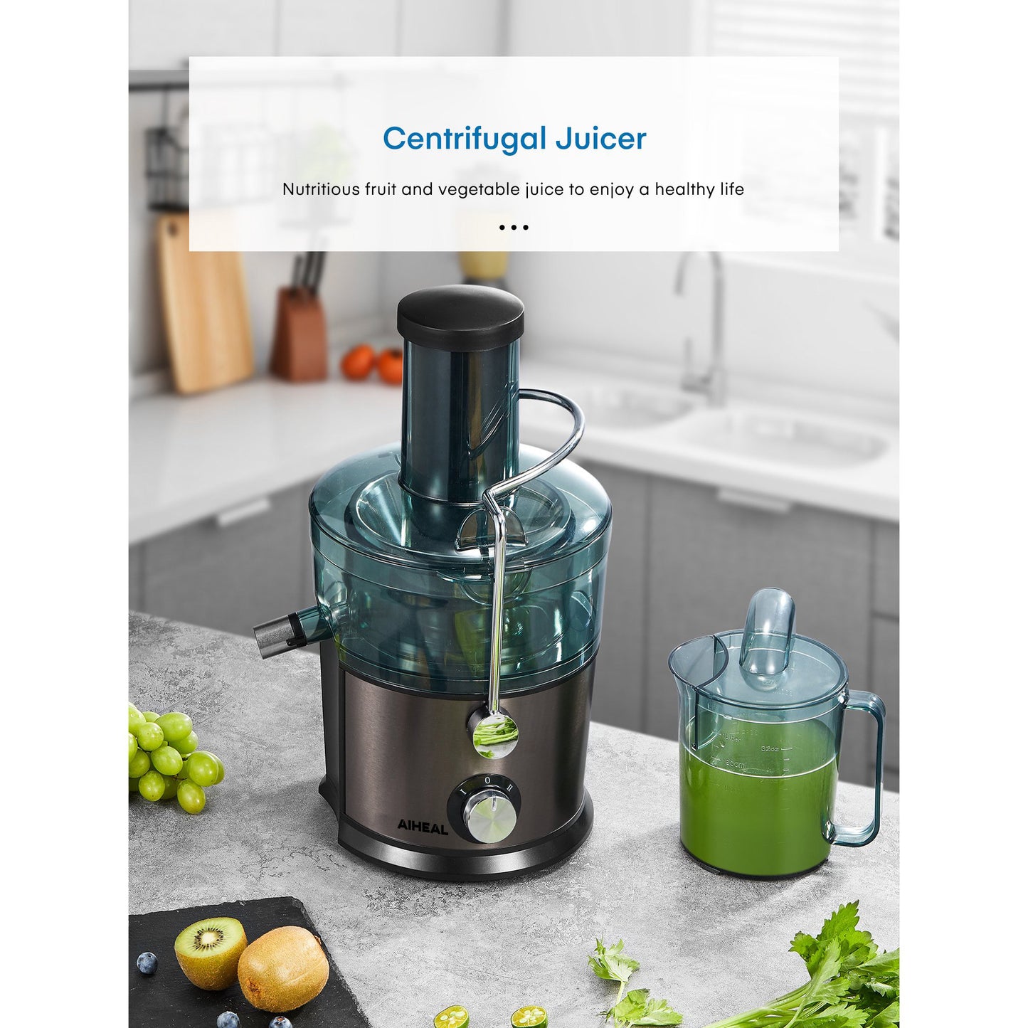 AIHEAL Juicer Extractor, 800W Juicer Machine with 3" Wide Mouth, Easy to Clean, Anti-Slip, Drip-proof, BPA Free, Black.