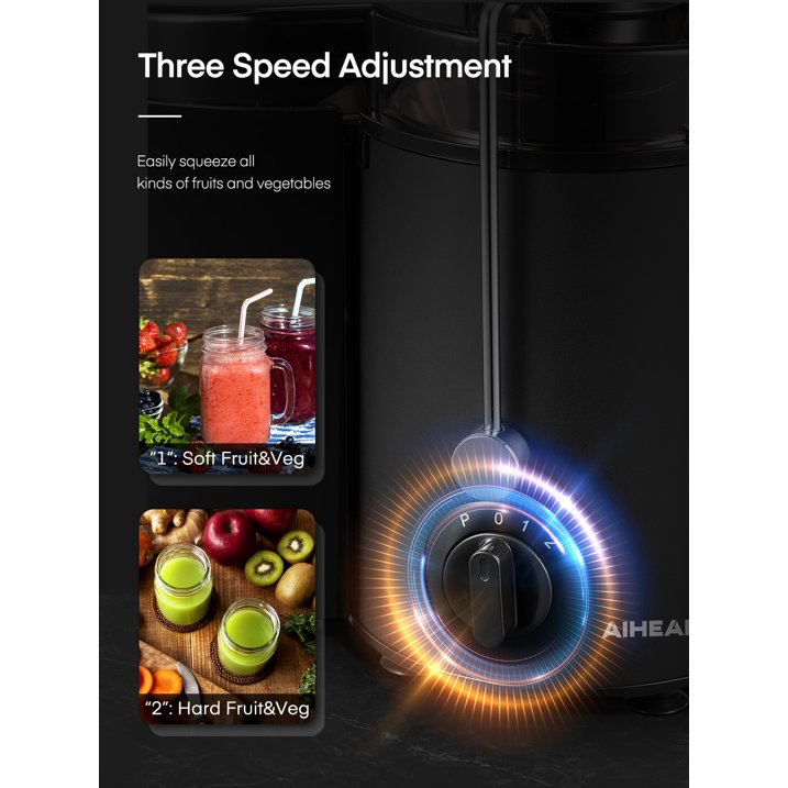 Juicer Machines, Aiheal Centrifugal Juicer with 3” Wide Mouth, 3 Speed Control, Overload Protection System, Cleaning Brush and Recipe Included, Black