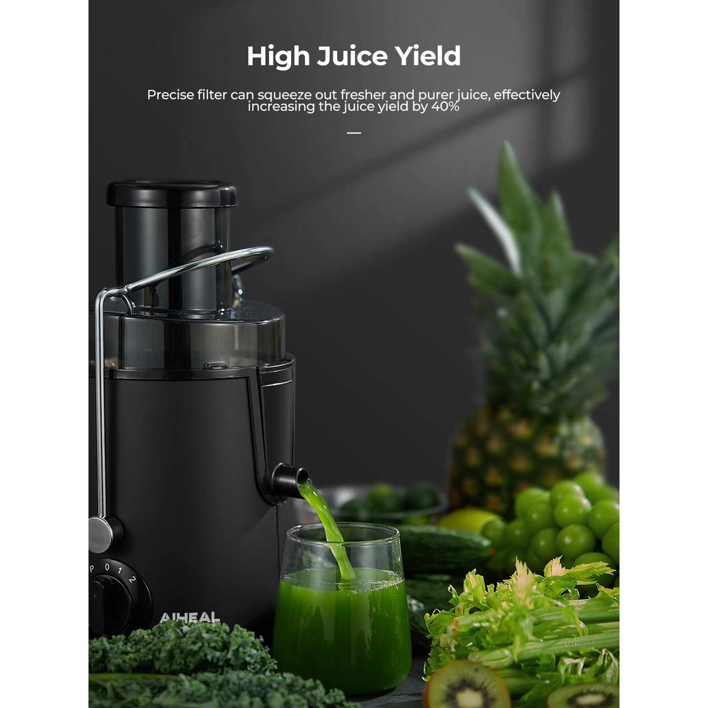 Juicer Machines, Aiheal Centrifugal Juicer with 3” Wide Mouth, 3 Speed Control, Overload Protection System, Cleaning Brush and Recipe Included, Black