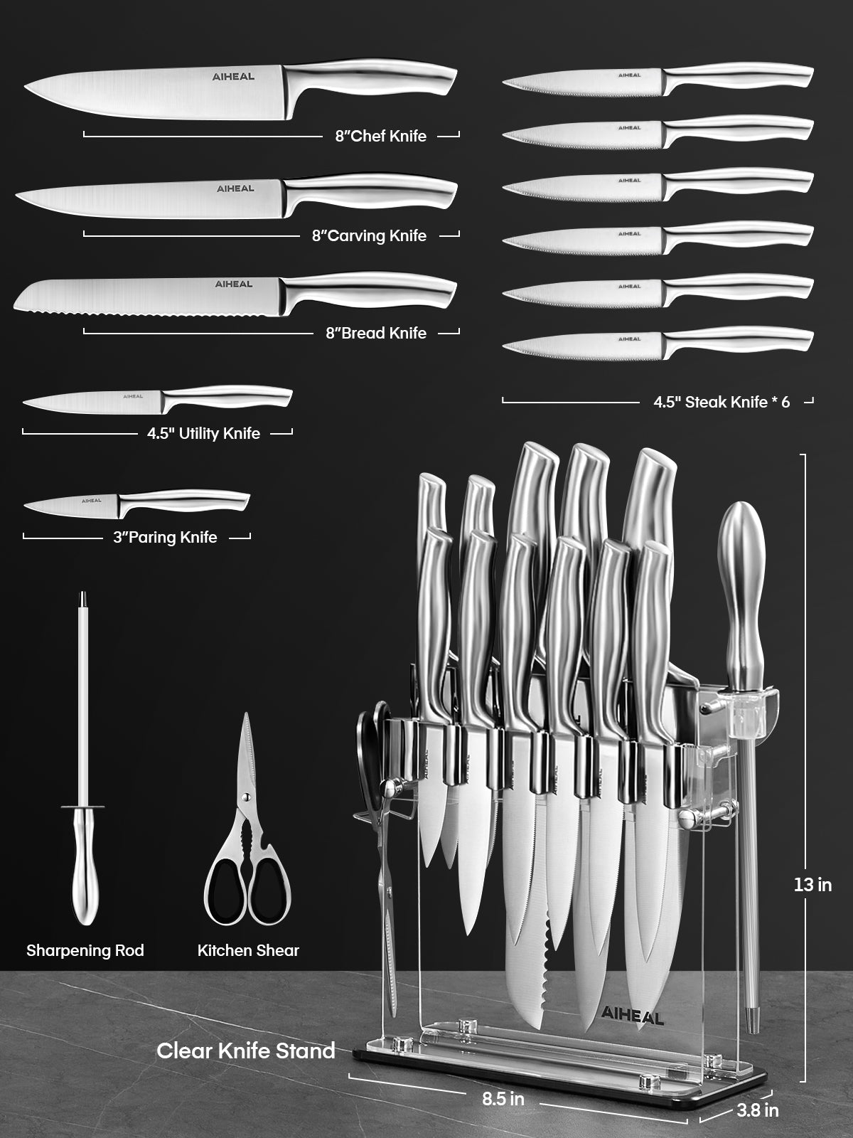 Aiheal Knife Set, 14PCS Stainless Steel Kitchen Knife Set with Clear Knife Block, No Rust and Super Sharp Cutlery Knife Set in One Piece Design with Knife Sharpener for Kitchen, Serrated Steak Knives