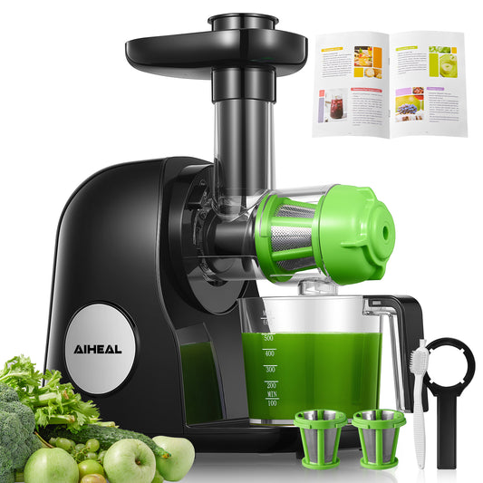 Juicer Machines, Aiheal Celery Slow Masticating Juicer Extractor Easy to Clean with Brush, Cold Press Juicer with Quiet Motor & Reverse Function for Fruits & Vegetables, Recipes