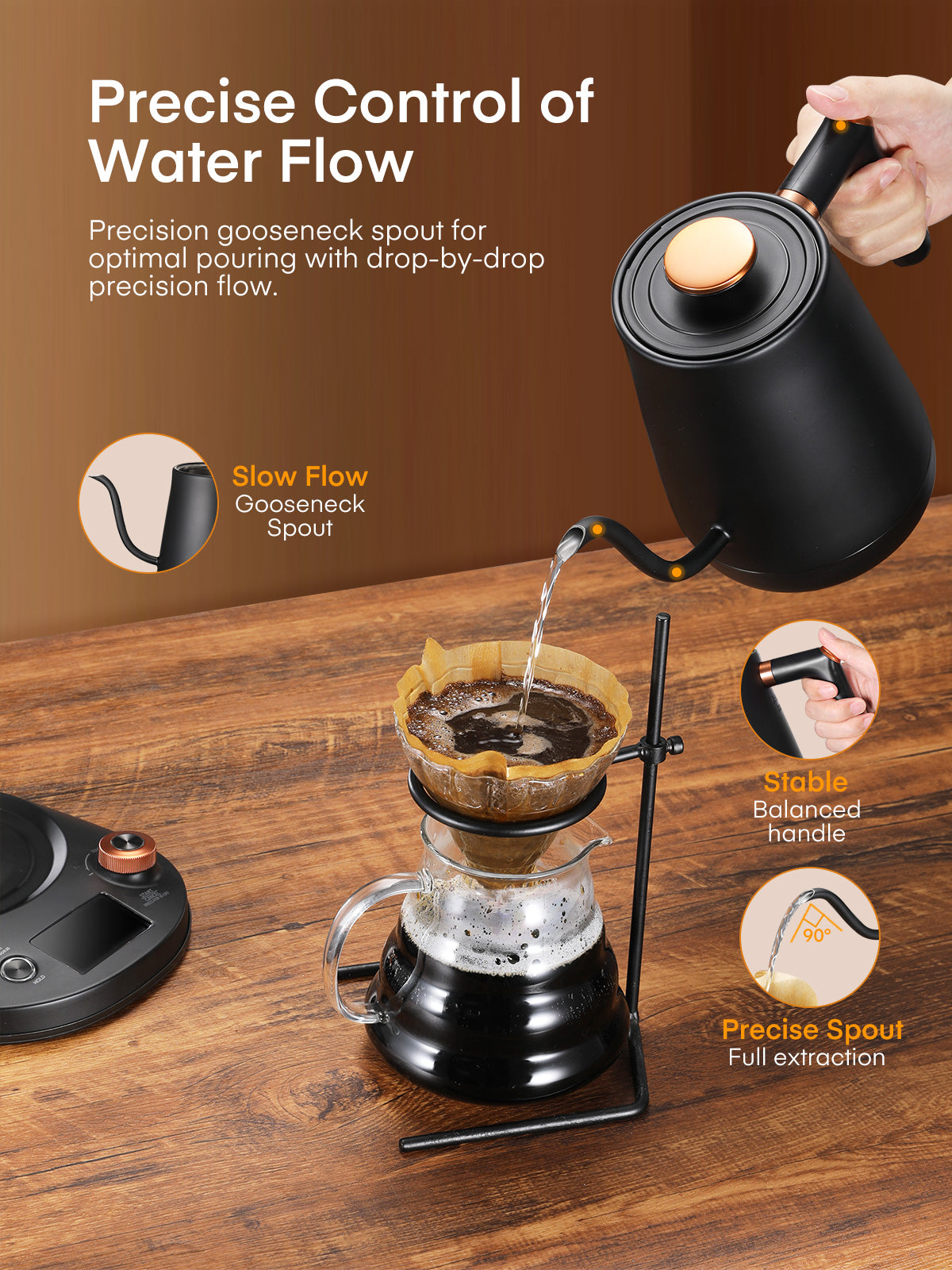 Electric Gooseneck Kettle, Fellow Kettle ±1℉ Temperature Control, 0.8L Pour Over Electric Kettle for Coffee & Tea, Hot Water Boiler, Stainless Steel Inner, 1200W Rapid Heating,LCD Display,Matte Black