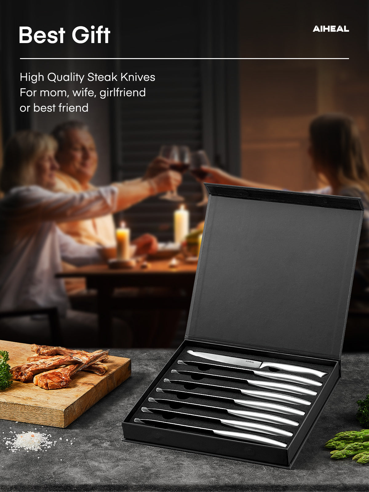 Aiheal Serrated Steak Knife Set, Stainless Steel Steak Knives Set of 8, Never Needs Sharpening Dinner Knives, Micro Serrated Steak Knives with Gift Box