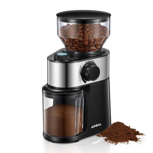 Electric Burr Coffee Grinder with 2-14 Cup Capacity, Aiheal Adjustable Burr Mill Coffee Bean Grinder with 18 Grind Settings for Espresso Drip Coffee and French Press, Black