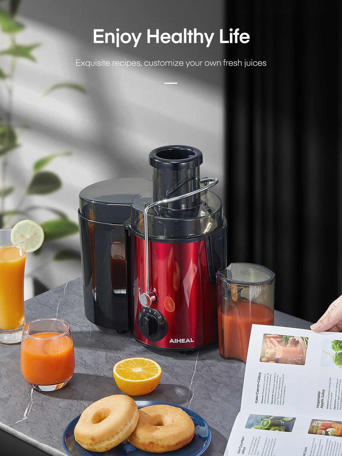Aiheal Juicer Machines, Centrifugal Juicer Extractor 3 Speeds with 3'' Feed Chute for Whole Fruit and Vegetables, Stainless Steel, Easy to Clean, Cleaning Brush and Recipe Included, RED