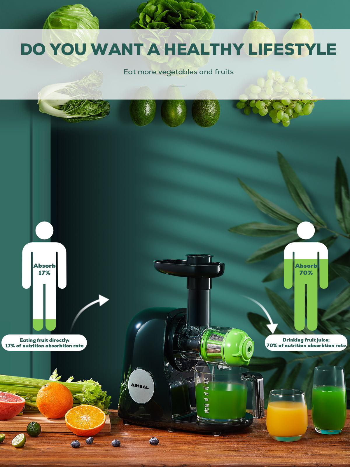 Juicer Machines, Aiheal Celery Slow Masticating Juicer Extractor Easy to Clean with Brush, Cold Press Juicer with Quiet Motor & Reverse Function for Fruits & Vegetables, Recipes