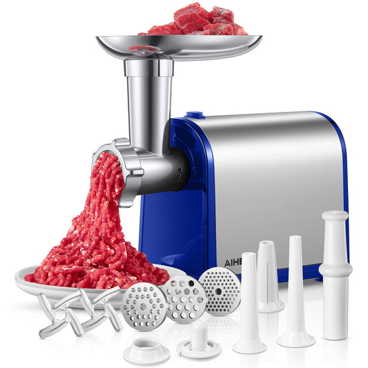 Aiheal Electric Meat Grinder, Sausage Stuffer with 3 Sausage Tubes, 2 Blades, 3 Plates, Blue