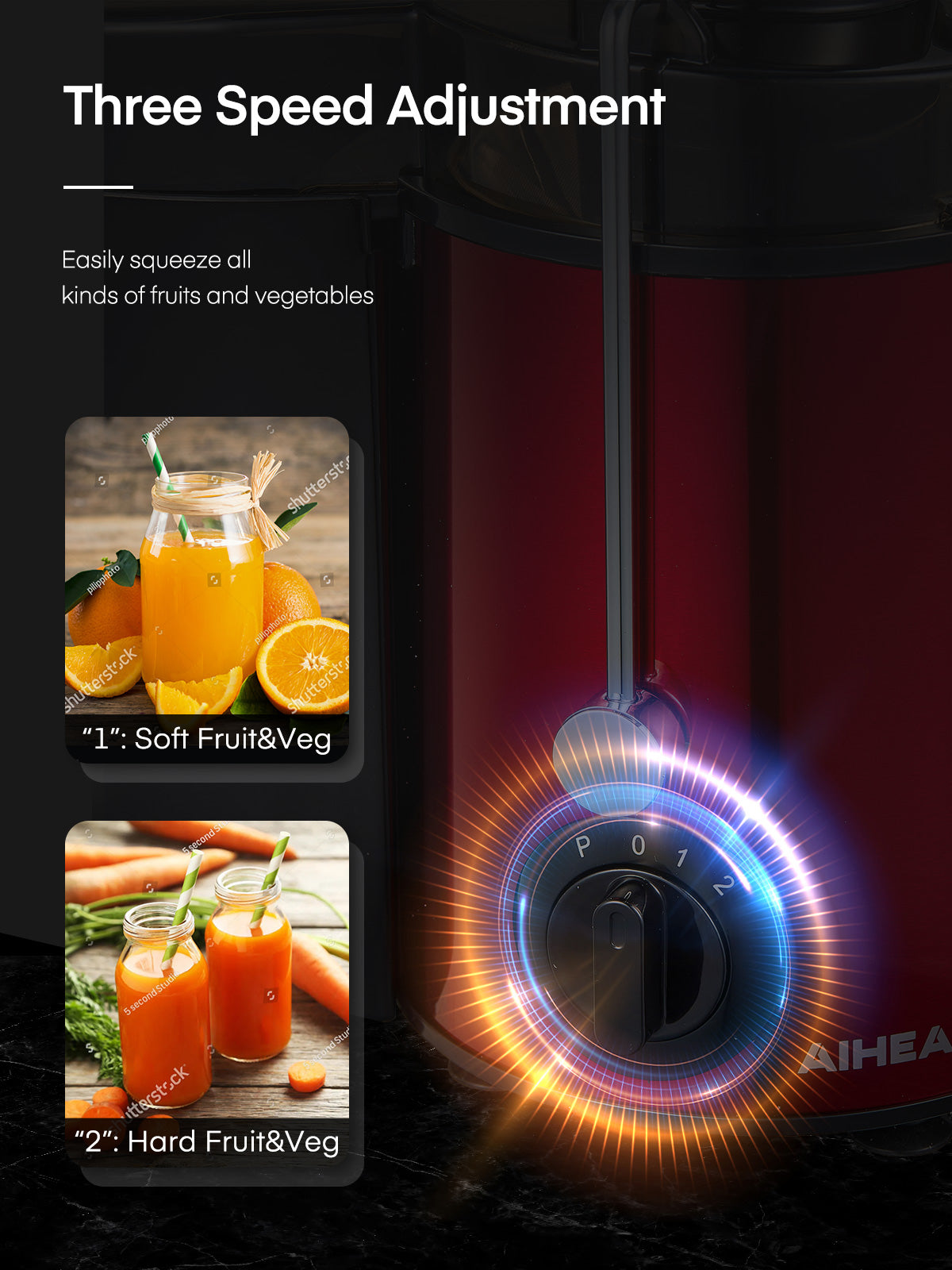 Aiheal Juicer Machines, Centrifugal Juicer Extractor 3 Speeds with 3'' Feed Chute for Whole Fruit and Vegetables, Stainless Steel, Easy to Clean, Cleaning Brush and Recipe Included, RED