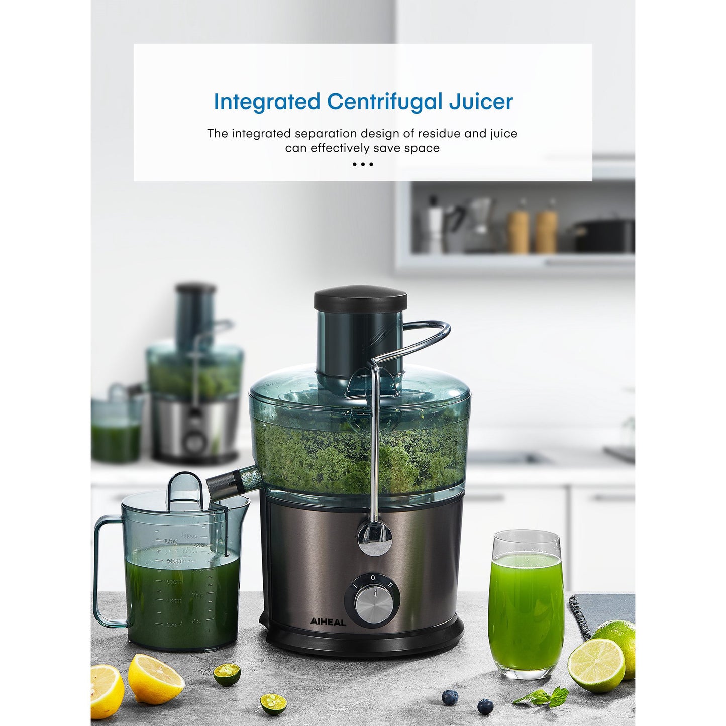AIHEAL Juicer Extractor, 800W Juicer Machine with 3" Wide Mouth, Easy to Clean, Anti-Slip, Drip-proof, BPA Free, Black.