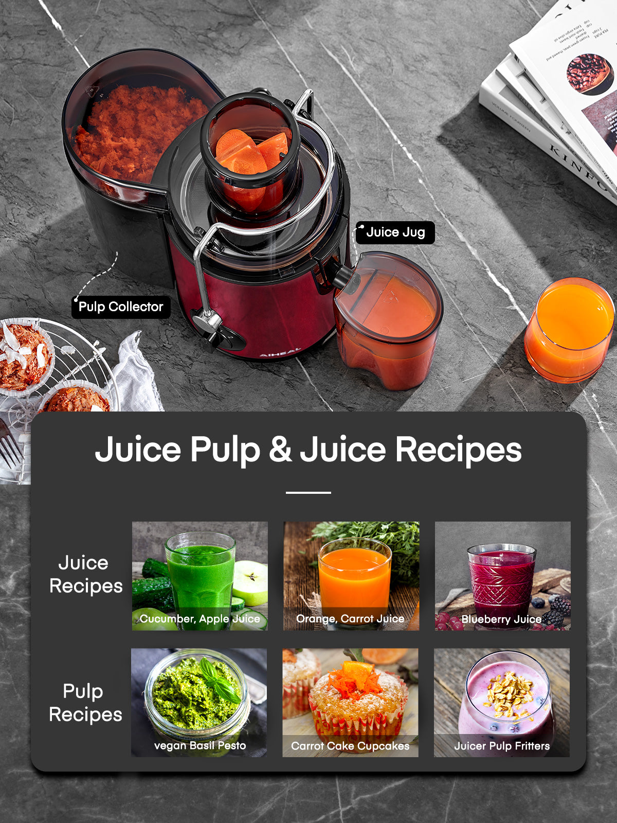 Aiheal Juicer Machines, Centrifugal Juicer Extractor 3 Speeds with 3'' Feed Chute for Whole Fruit and Vegetables, Stainless Steel, Easy to Clean, Cleaning Brush and Recipe Included, RED