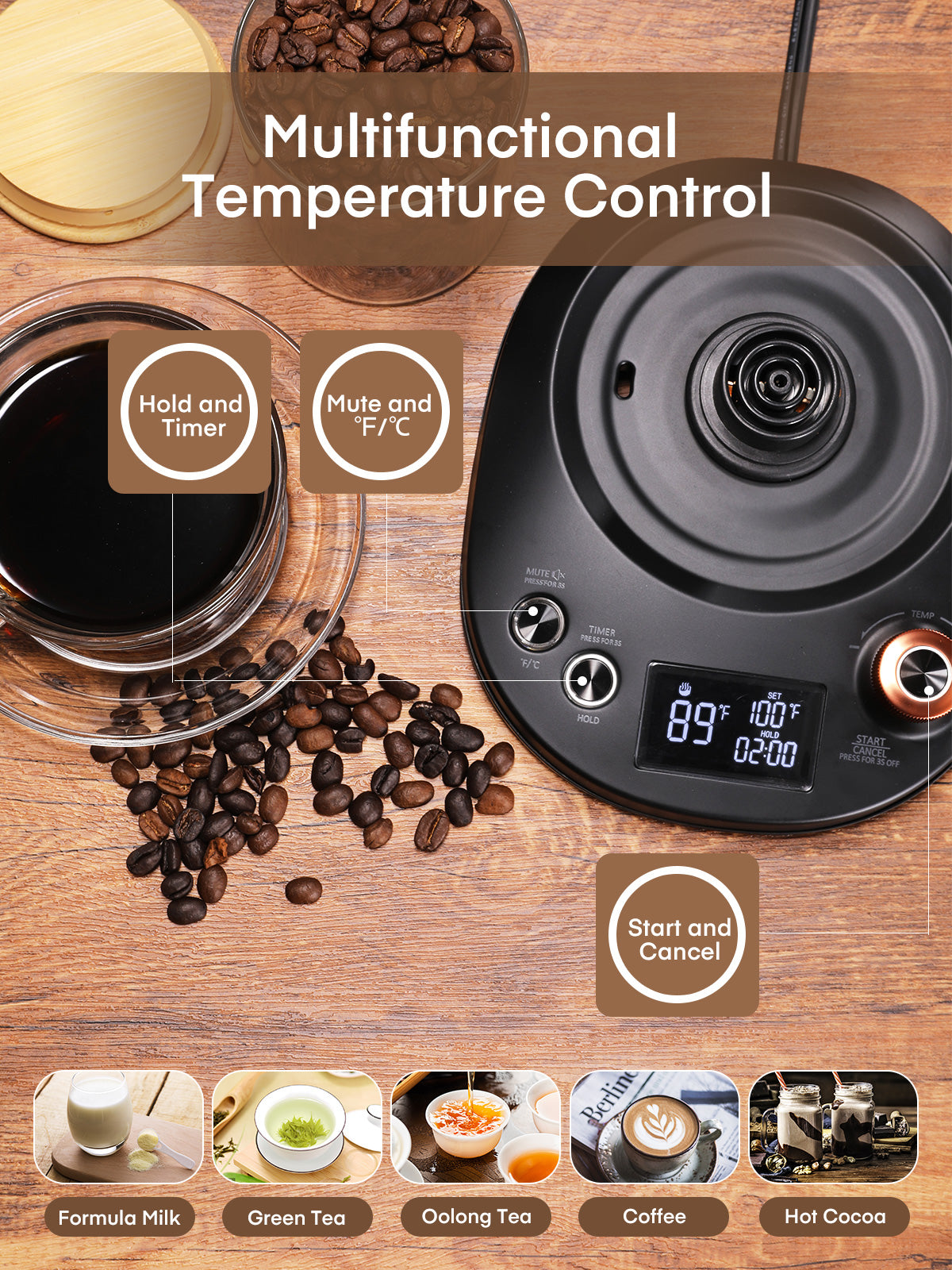 Electric Gooseneck Kettle, Fellow Kettle ±1℉ Temperature Control, 0.8L Pour Over Electric Kettle for Coffee & Tea, Hot Water Boiler, Stainless Steel Inner, 1200W Rapid Heating,LCD Display,Matte Black