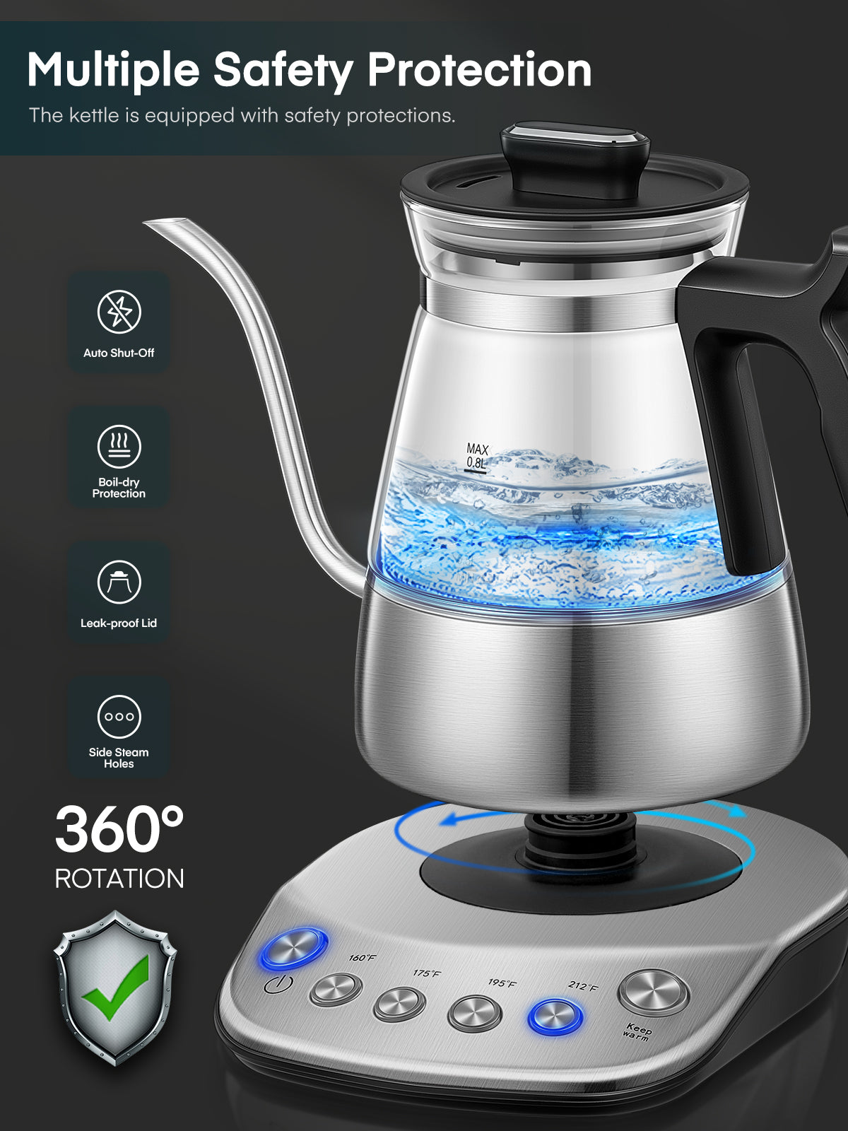 Electric Gooseneck Glass Kettle with Temperature Control, 1200W Rapid Boiling Electric Kettle for Pour-Over Tea Coffee, LCD Display, 2H Keep Warm, 0.8L, Silver