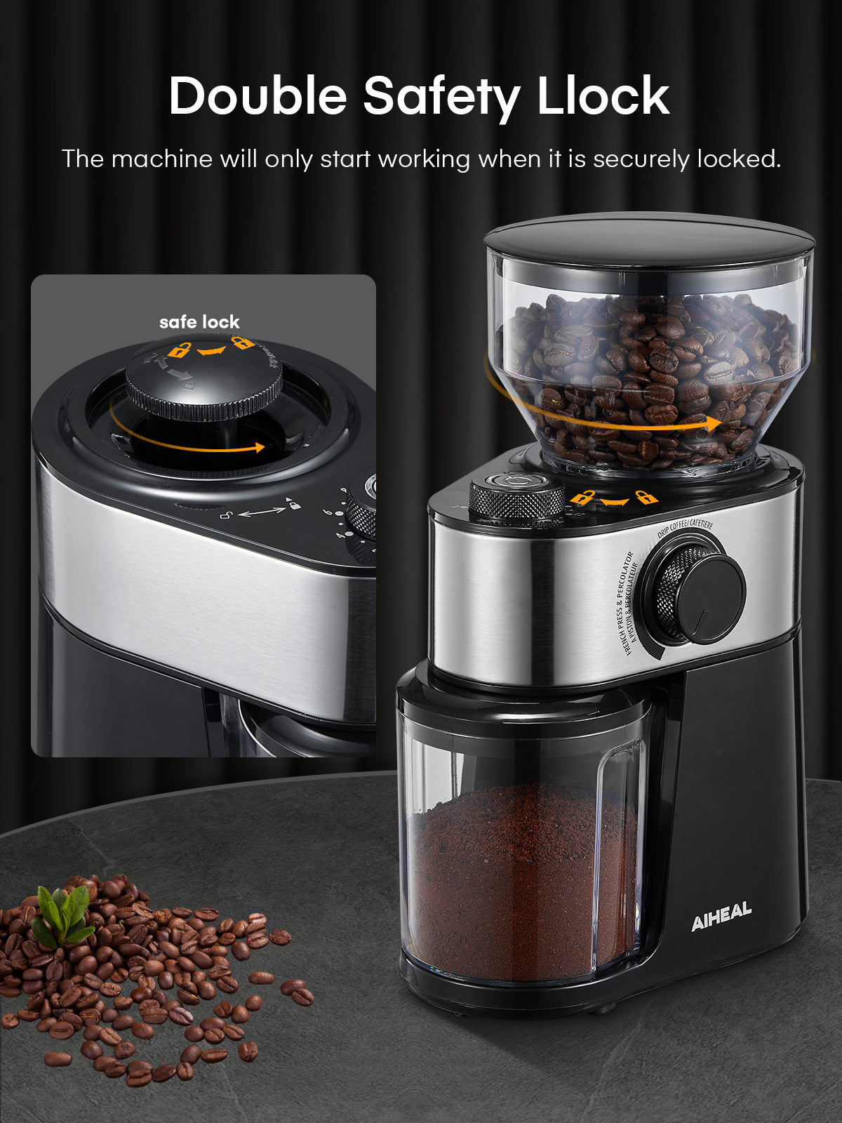 Electric Burr Coffee Grinder with 2-14 Cup Capacity, Aiheal Adjustable Burr Mill Coffee Bean Grinder with 18 Grind Settings for Espresso Drip Coffee and French Press, Black