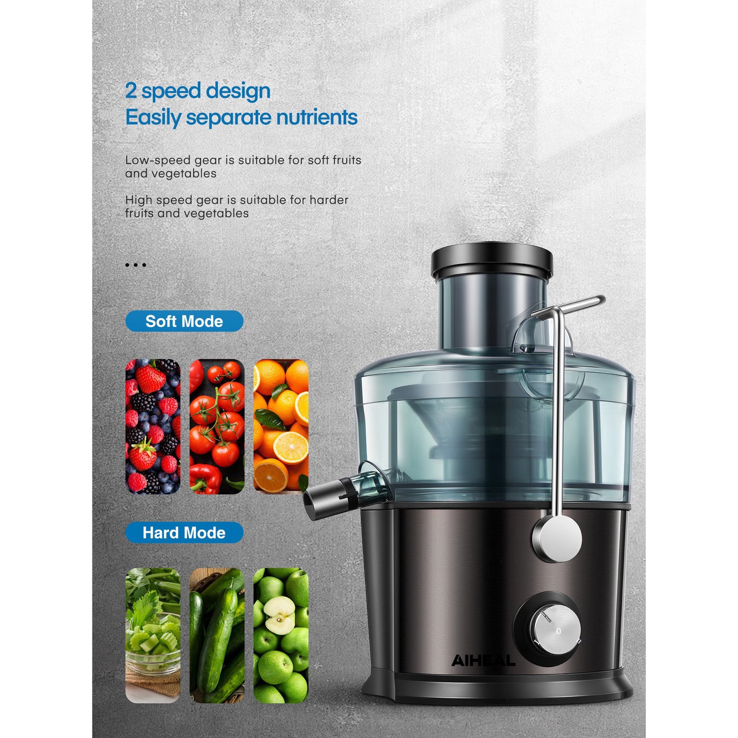 AIHEAL Juicer Extractor, 800W Juicer Machine with 3" Wide Mouth, Easy to Clean, Anti-Slip, Drip-proof, BPA Free, Black.