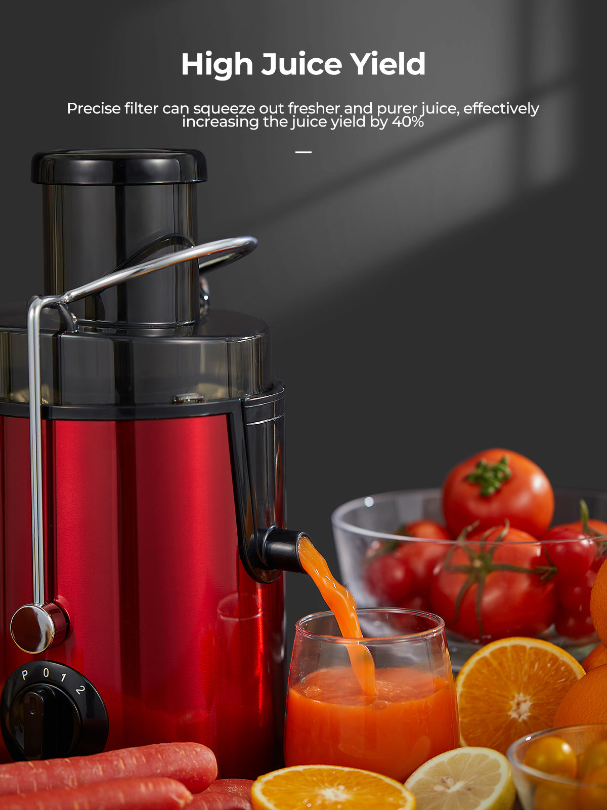 Aiheal Juicer Machines, Centrifugal Juicer Extractor 3 Speeds with 3'' Feed Chute for Whole Fruit and Vegetables, Stainless Steel, Easy to Clean, Cleaning Brush and Recipe Included, RED