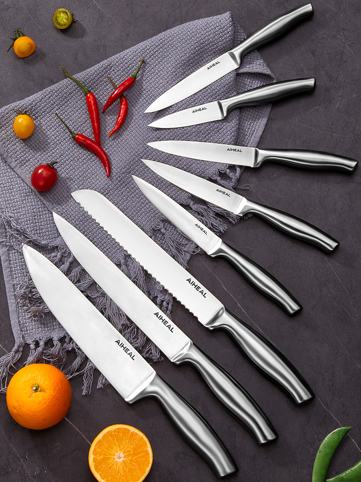Aiheal Knife Set, 14PCS Stainless Steel Kitchen Knife Set with Clear Knife Block, No Rust and Super Sharp Cutlery Knife Set in One Piece Design with Knife Sharpener for Kitchen, Serrated Steak Knives