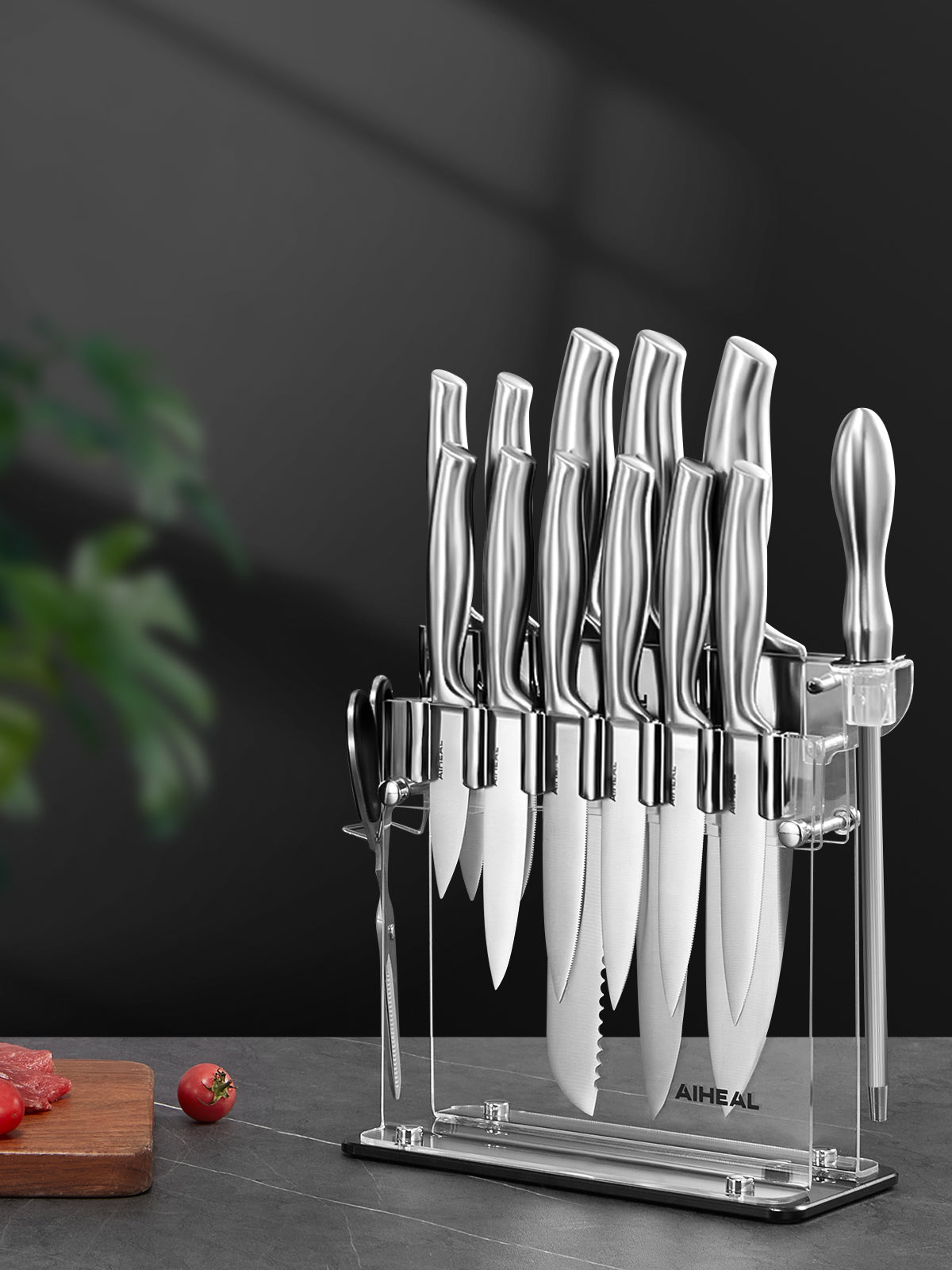 Aiheal Knife Set, 14PCS Stainless Steel Kitchen Knife Set with Clear Knife Block, No Rust and Super Sharp Cutlery Knife Set in One Piece Design with Knife Sharpener for Kitchen, Serrated Steak Knives