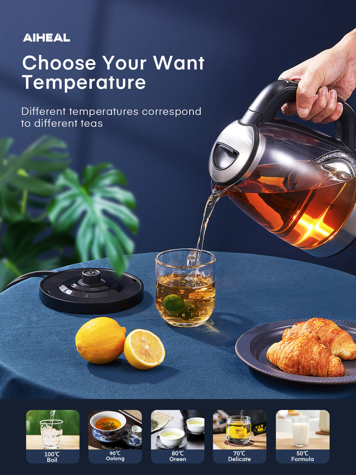 Electric Kettle, Aiheal Glass Kettle Temperature Control With 5 Colors LED Lights Variable, Keep Warm, Fast Boiling Electric Kettle, Stainless Steel Inner Lid & Bottom, 1.7L