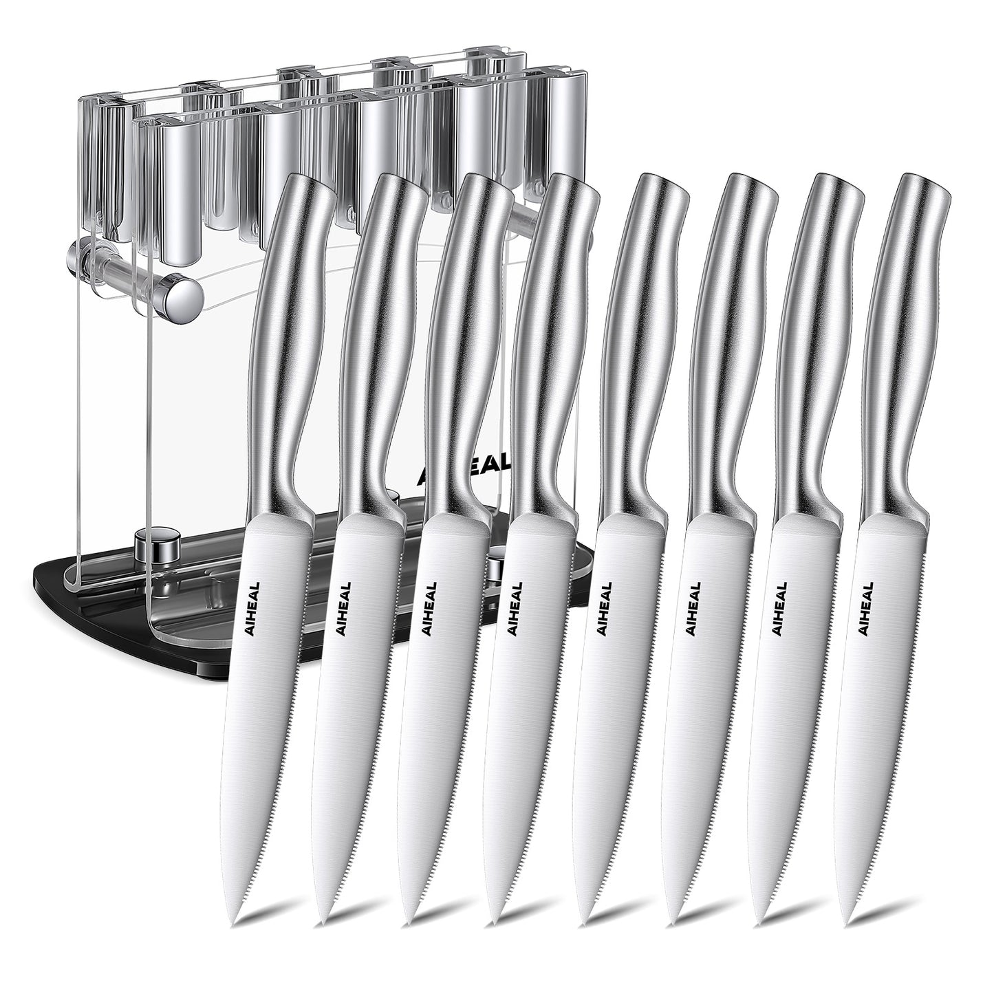 Aiheal Steak Knives with Clear Acrylic Stand, Steak Knives Set of 8, 4.5 Inch Stainless Steel Steak Knife Set, Sharp Micro-Serrated Steak Knives with Gift Box