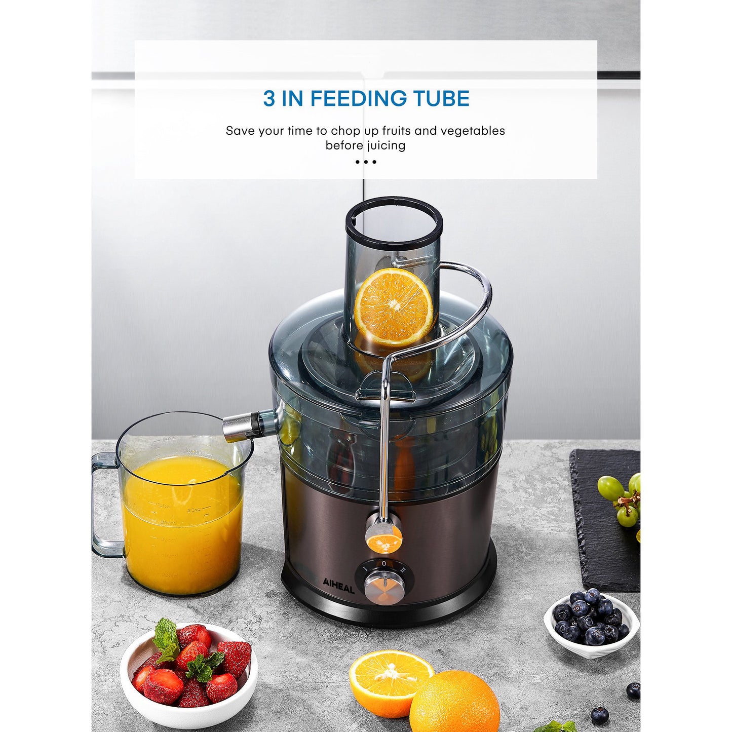AIHEAL Juicer Extractor, 800W Juicer Machine with 3" Wide Mouth, Easy to Clean, Anti-Slip, Drip-proof, BPA Free, Black.