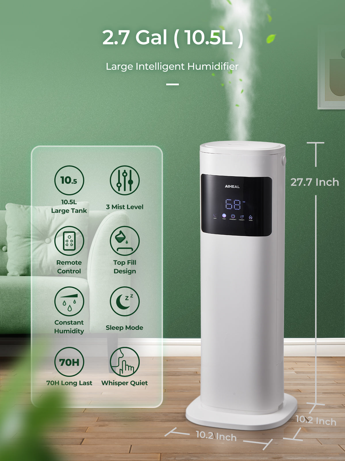 Aiheal Humidifier for Large Room Home, 10.5L Top Fill Cool and Warm Mist Ultrasonic Floor Humidifiers for Baby and Plants with Customized Humidity, Timer, Sleep Mode, Auto Shut Off, Ultra Quiet