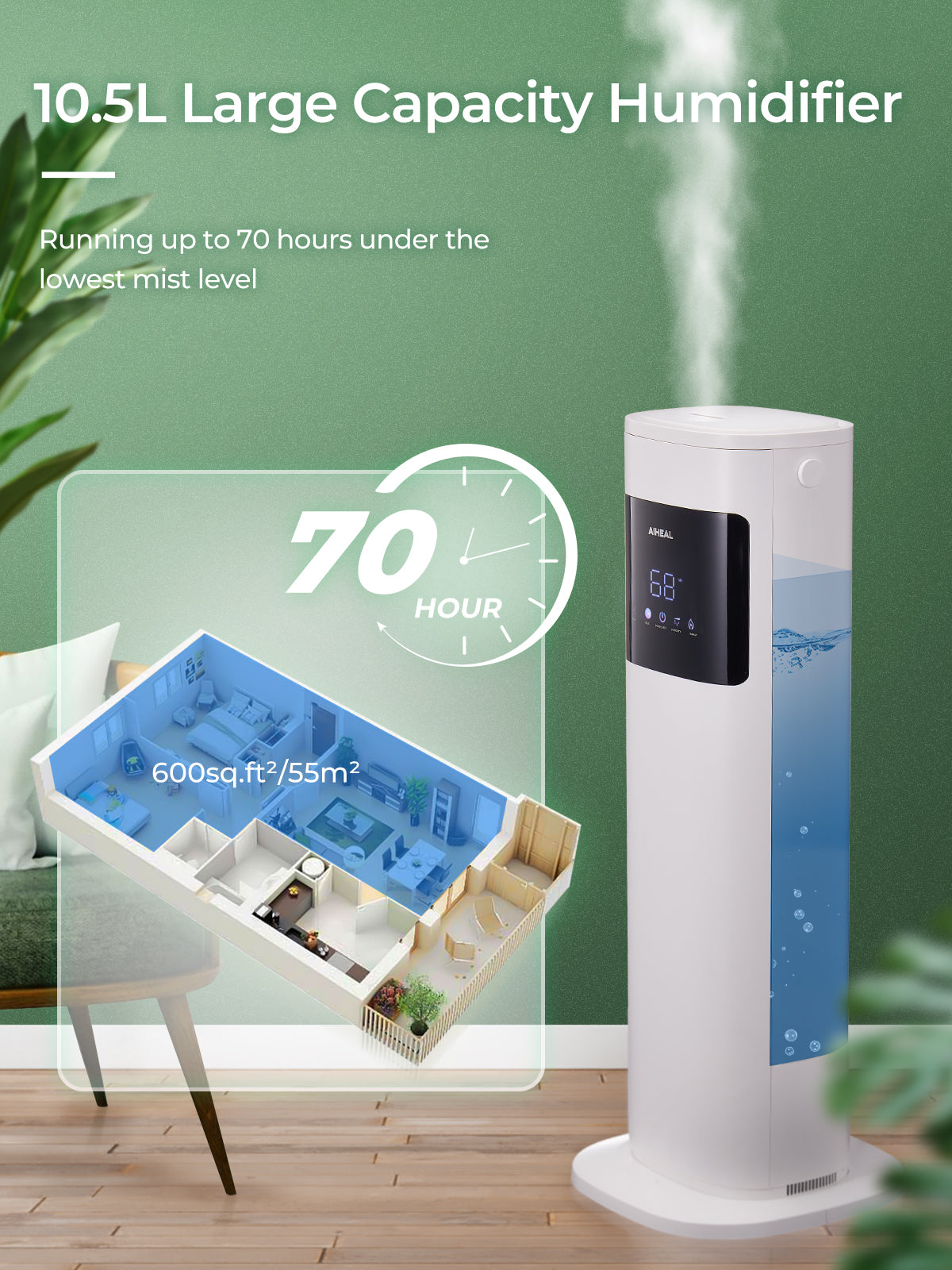 Aiheal Humidifier for Large Room Home, 10.5L Top Fill Cool and Warm Mist Ultrasonic Floor Humidifiers for Baby and Plants with Customized Humidity, Timer, Sleep Mode, Auto Shut Off, Ultra Quiet