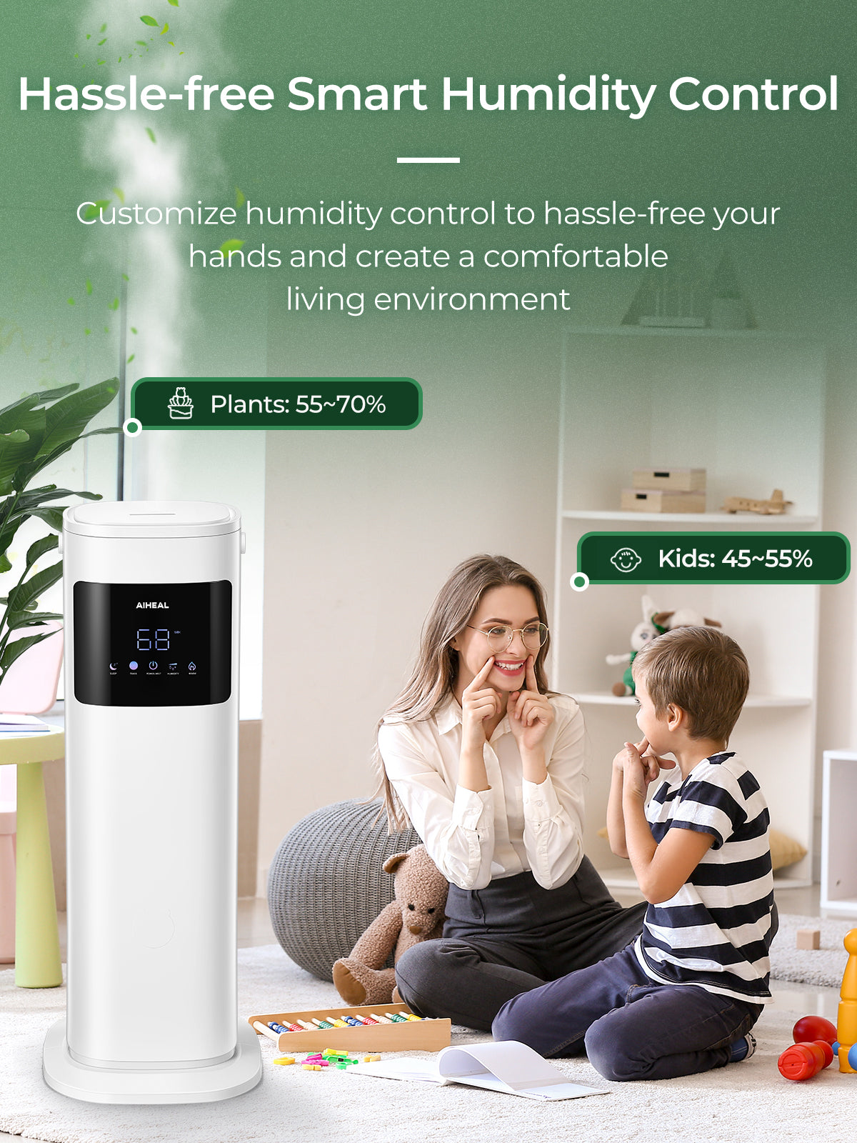 Aiheal Humidifier for Large Room Home, 10.5L Top Fill Cool and Warm Mist Ultrasonic Floor Humidifiers for Baby and Plants with Customized Humidity, Timer, Sleep Mode, Auto Shut Off, Ultra Quiet