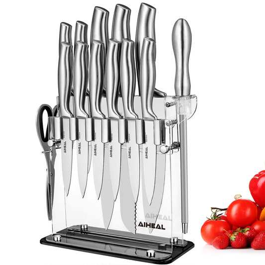 Aiheal Knife Set, 14PCS Stainless Steel Kitchen Knife Set with Clear Knife Block, No Rust and Super Sharp Cutlery Knife Set in One Piece Design with Knife Sharpener for Kitchen, Serrated Steak Knives