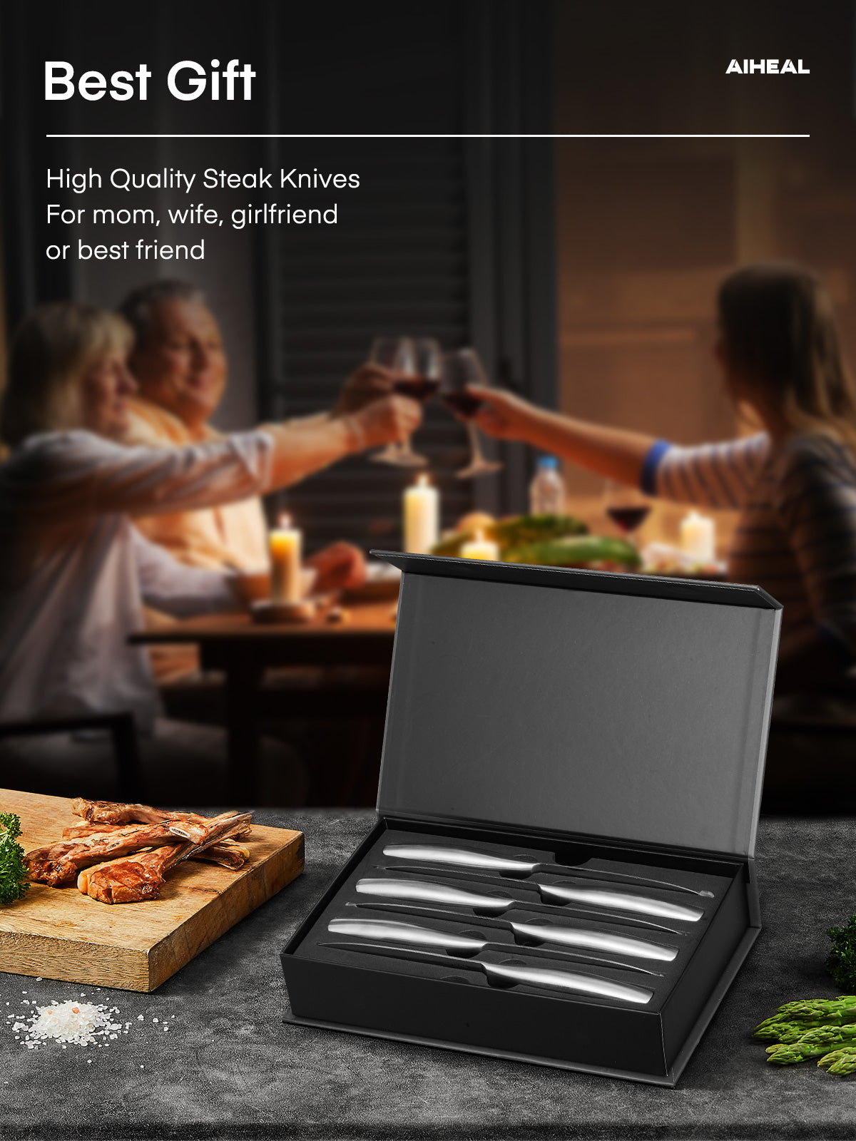 Steak Knives, Stainless Steel Steak Knives Set of 12, Never Needs Sharpening Dinner Steak Knife Set, 4.5 Inch Sharp Micro Serrated Steak Knives