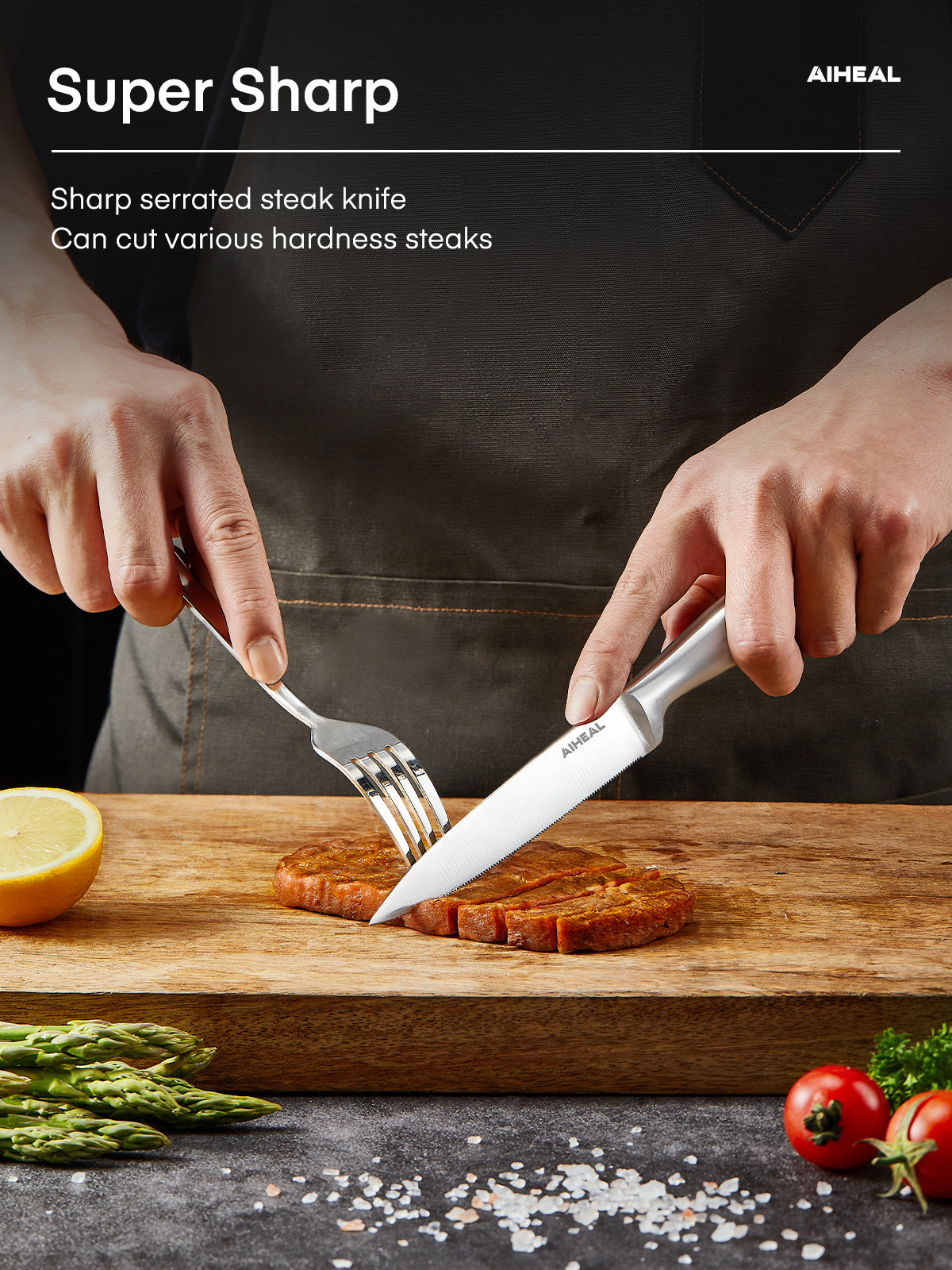 Aiheal Serrated Steak Knife Set, Stainless Steel Steak Knives Set of 8, Never Needs Sharpening Dinner Knives, Micro Serrated Steak Knives with Gift Box