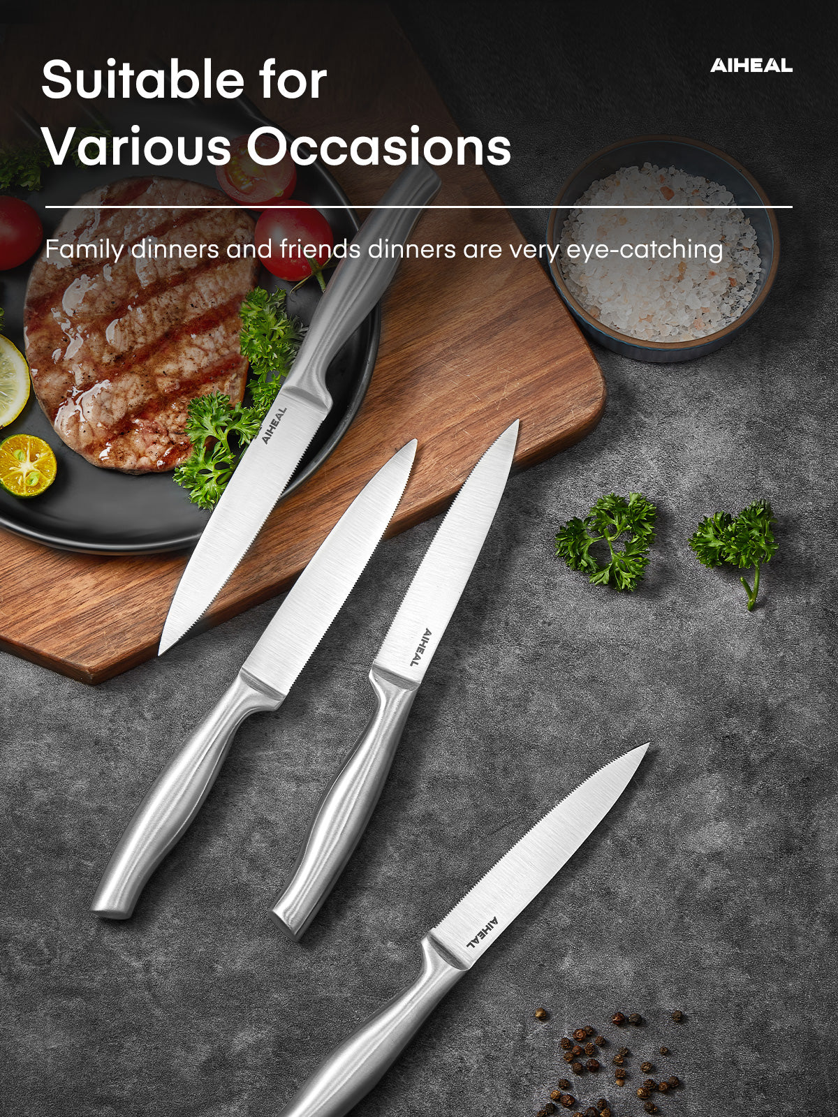 Aiheal Serrated Steak Knife Set, Stainless Steel Steak Knives Set of 8, Never Needs Sharpening Dinner Knives, Micro Serrated Steak Knives with Gift Box