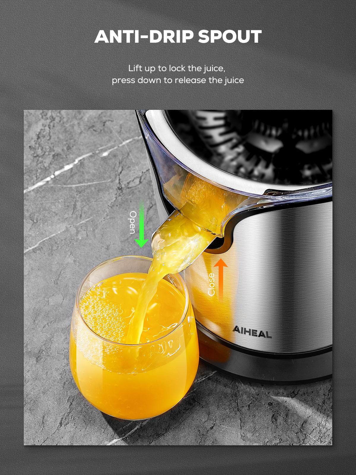 aiheal juicer, anti-drip spout, lift up to lock the juice, press down to release the juice