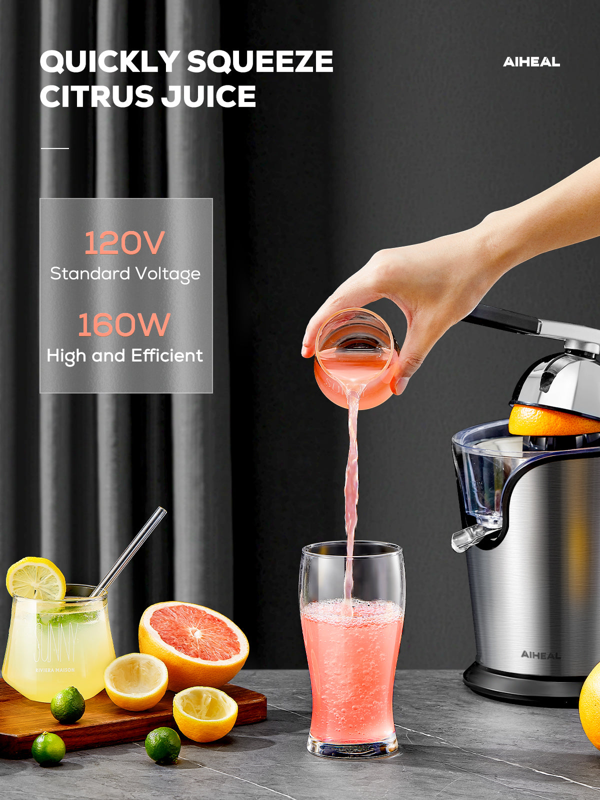 aiheal juicer, quickly squeeze citrus juice, Powerful 160W Silent Motor Stainless Steel BPA-Free, Two Size Cones, Silver