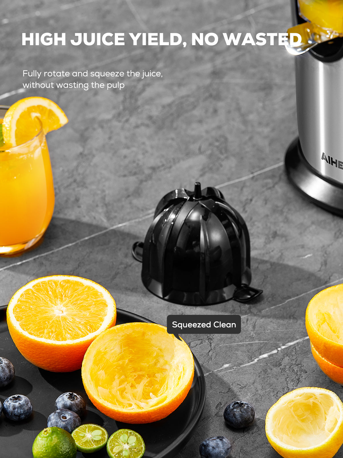 aiheal juicer, high juice yield, no wasted, Citrus Juicer, AIHEAL Electric Orange Juicer Squeezer with Humanized Handle, Powerful 160W Silent Motor Stainless Steel BPA-Free, Two Size Cones, Silver