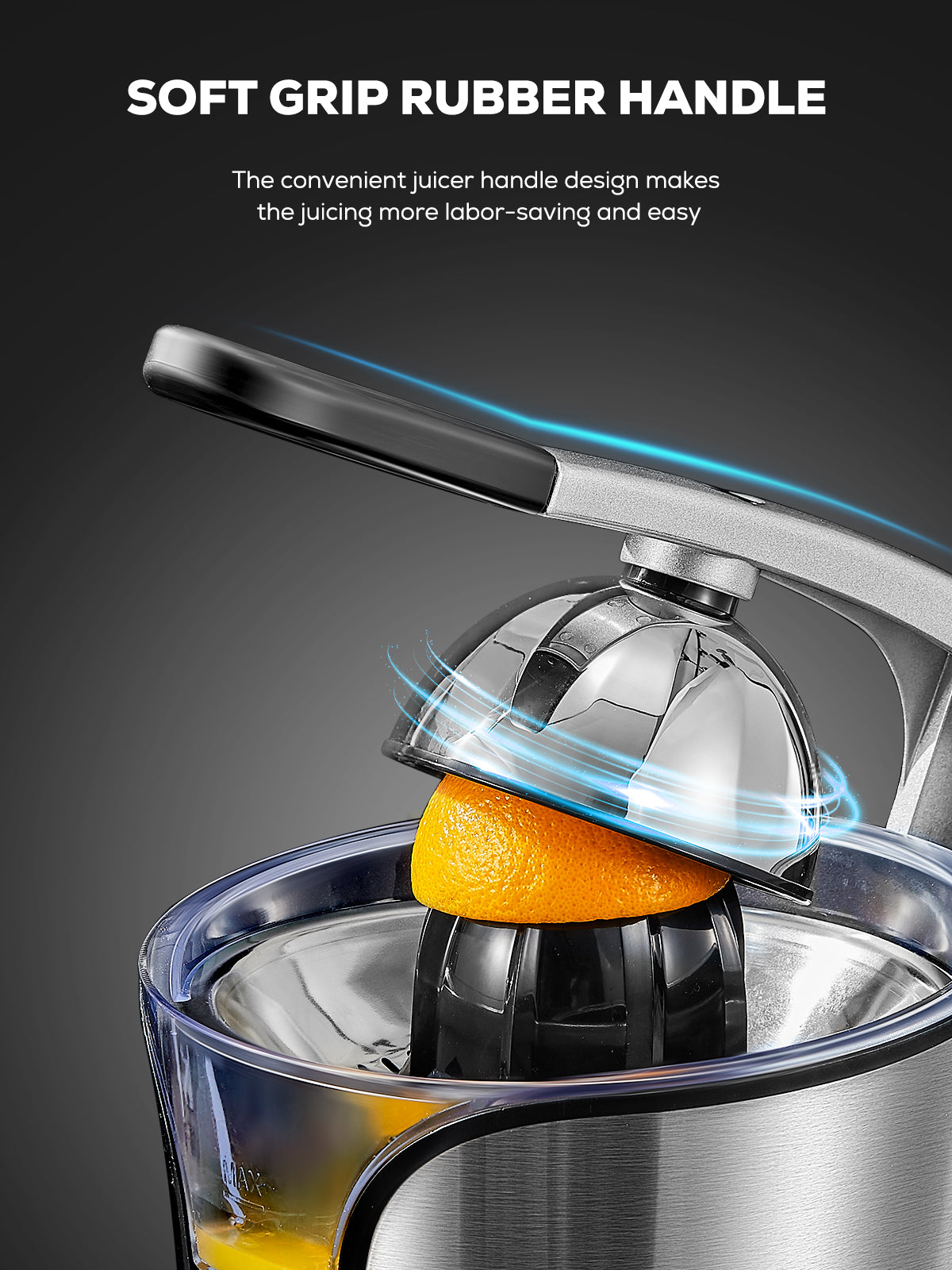 aiheal juice, soft grip, Electric Orange Juicer Squeezer with Humanized Handle, Powerful 160W Silent Motor Stainless Steel BPA-Free, Two Size Cones, Silver