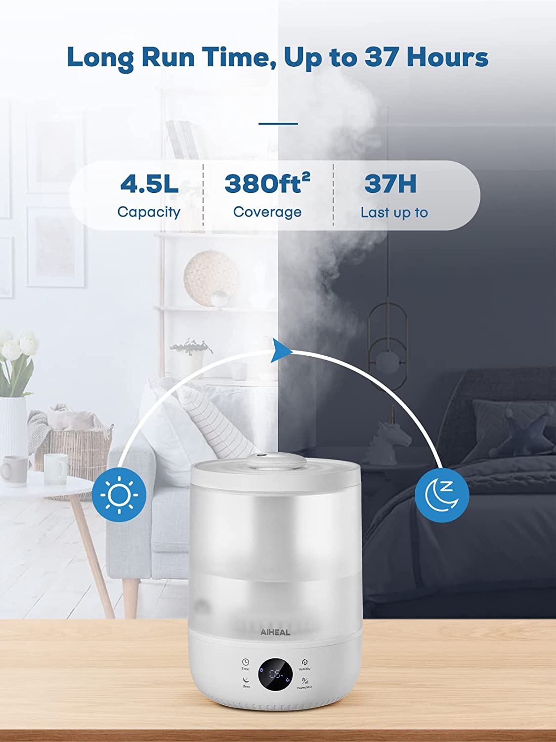 Aiheal Humidifiers for Bedroom Large Room Home, 4.5L Top Fill Cool Mist Ultrasonic Humidifier for Plants and Baby, Lasts 37 Hours, Humidity Setting, Timer, Auto Shut Off, Quiet Sleep Mode, Easy to Clean, White