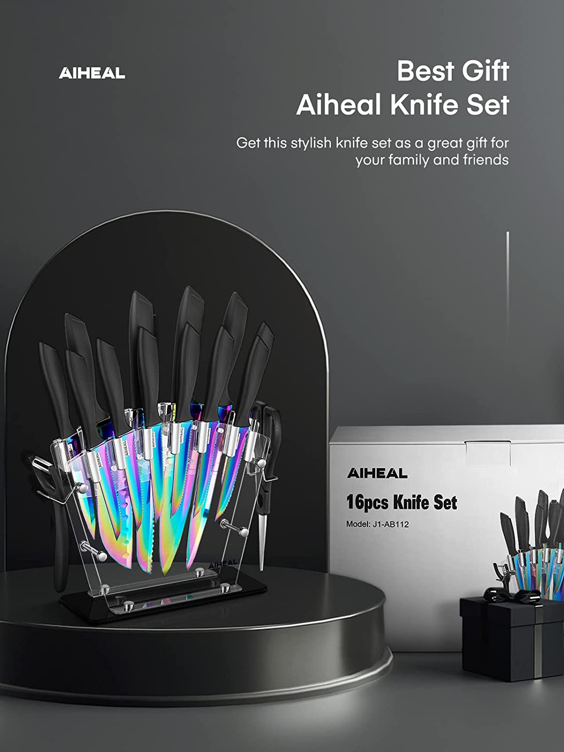 best gift aiheal knife set, No Rust and Super Sharp Cutlery Knife Set with Acrylic Stand and Kitchen Scissors
