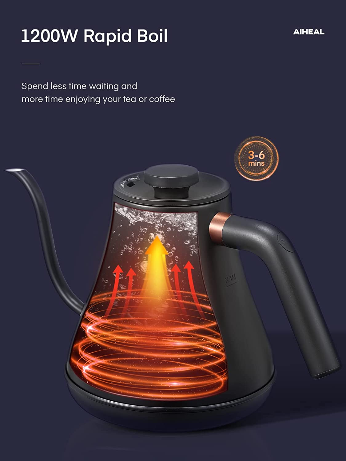 aiheal tea kettle, 1200w rapid boil, Accurate Temperature Control and Realtime Display