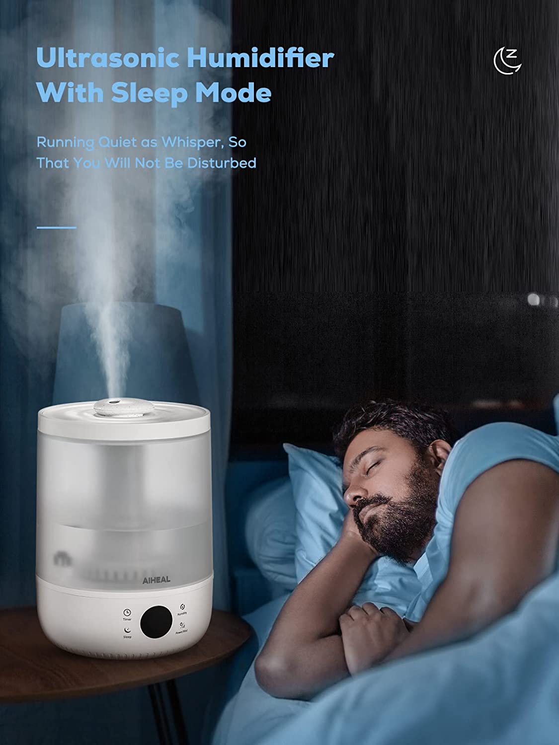 Aiheal Humidifiers for Bedroom Large Room Home, 4.5L Top Fill Cool Mist Ultrasonic Humidifier for Plants and Baby, Lasts 37 Hours, Humidity Setting, Timer, Auto Shut Off, Quiet Sleep Mode, Easy to Clean, White