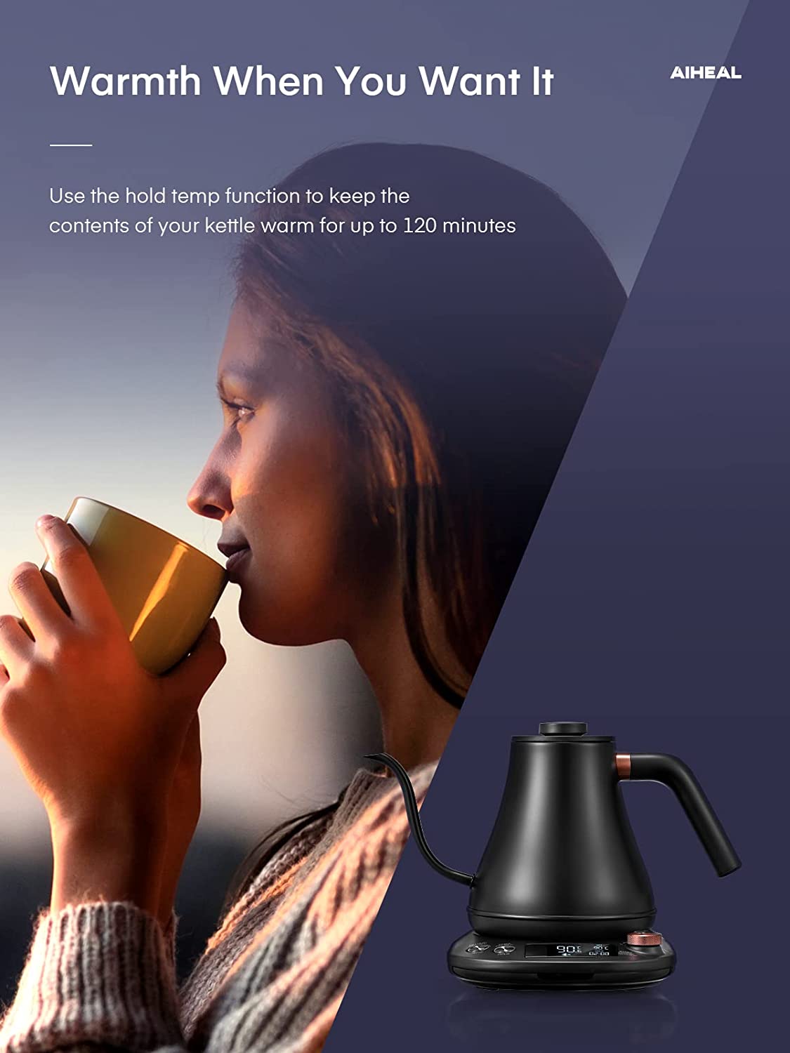 aiheal tea kettle, Built-in up-to-date advanced thermostat and 2.0-inch LCD display to show the real-time temperature and set temperature, and other information like hold time, mute mode, and heating status. A single glimpse will give you all the important parameters.