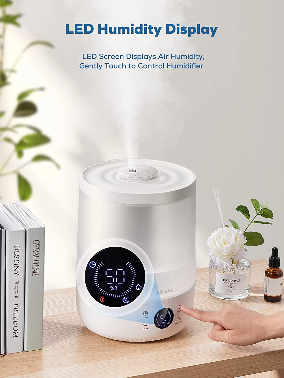 Aiheal Humidifiers for Bedroom Large Room Home, 4.5L Top Fill Cool Mist Ultrasonic Humidifier for Plants and Baby, Lasts 37 Hours, Humidity Setting, Timer, Auto Shut Off, Quiet Sleep Mode, Easy to Clean, White