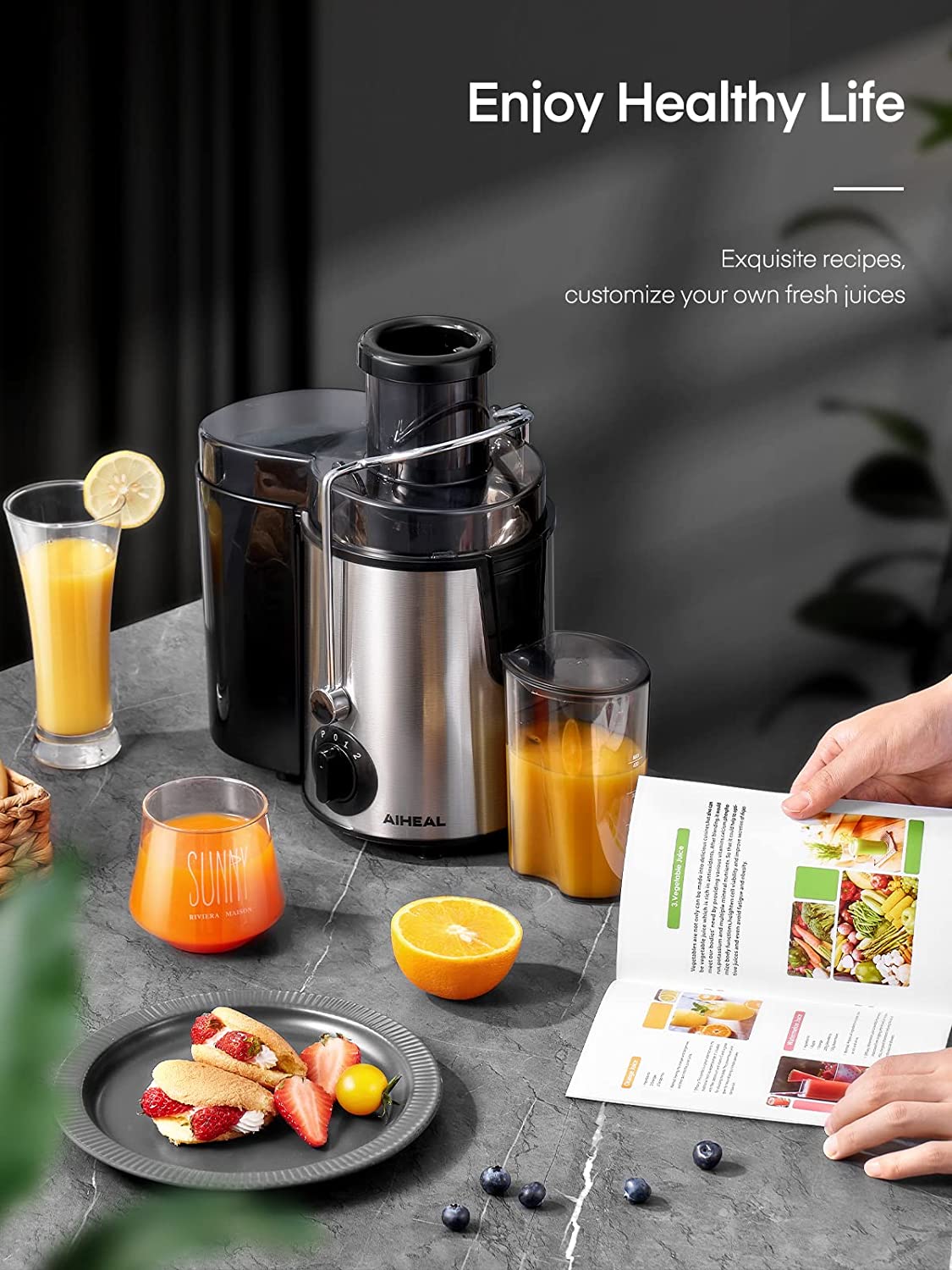 Juicer AIHEAL Juicer Machines Vegetable and Fruit Easy to Clean, Centrifugal Juicer with 3 Speed Control, Upgraded 400W Motor, Cleaning Brush and Recipe Included