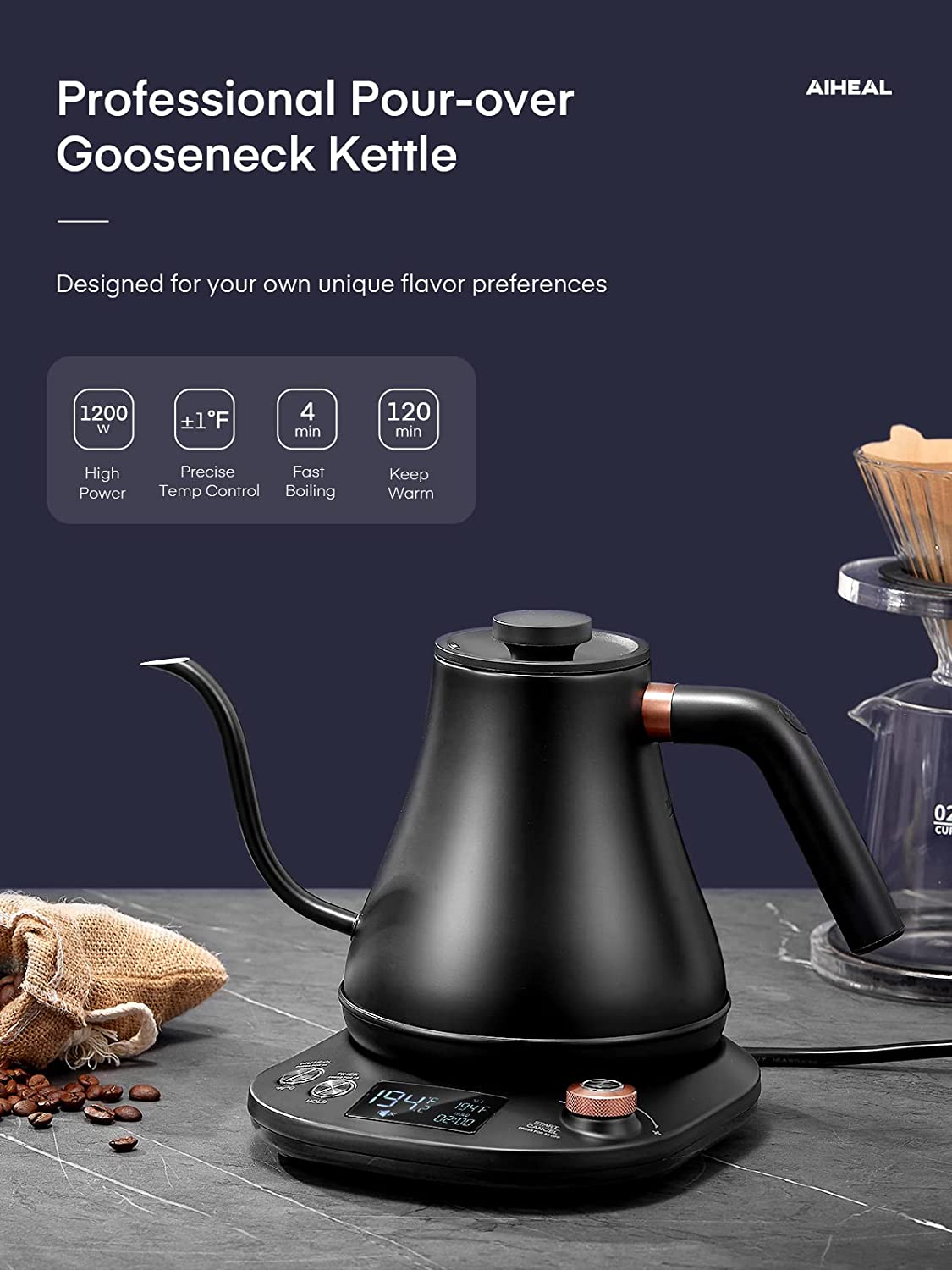 aiheal tea kettle, Pure Taste & Safe Tech, Gooseneck Design & Precise Pouring