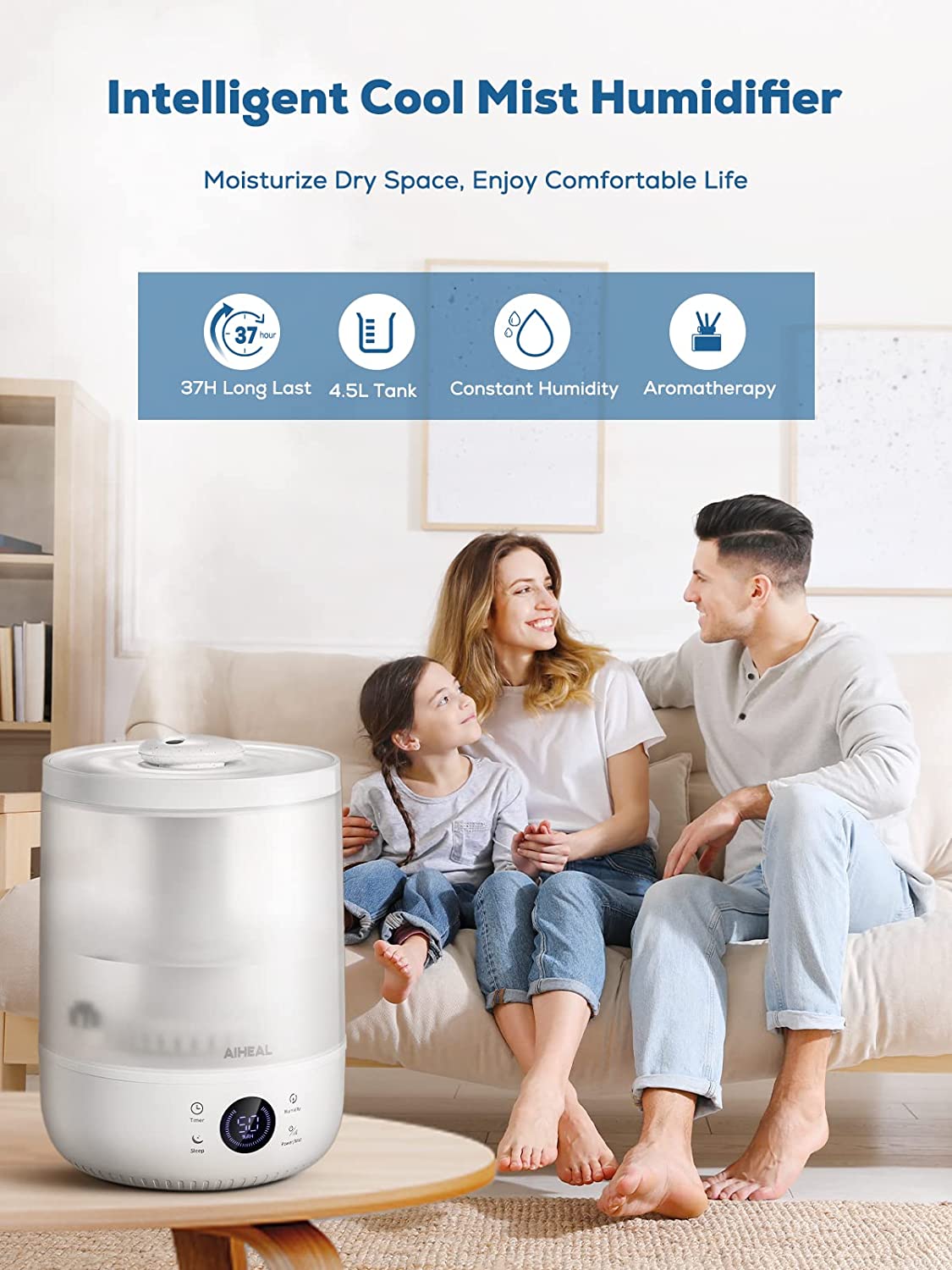 Aiheal Humidifiers for Bedroom Large Room Home, 4.5L Top Fill Cool Mist Ultrasonic Humidifier for Plants and Baby, Lasts 37 Hours, Humidity Setting, Timer, Auto Shut Off, Quiet Sleep Mode, Easy to Clean, White