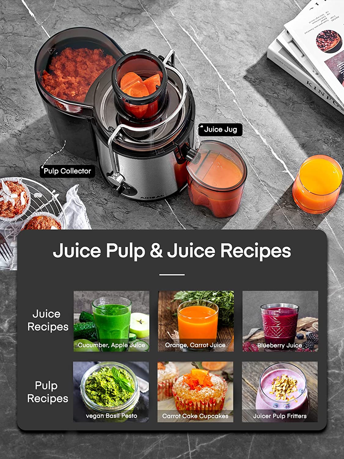 recipe included, brush, juice, juicer, centrifugal juicer, aiheal