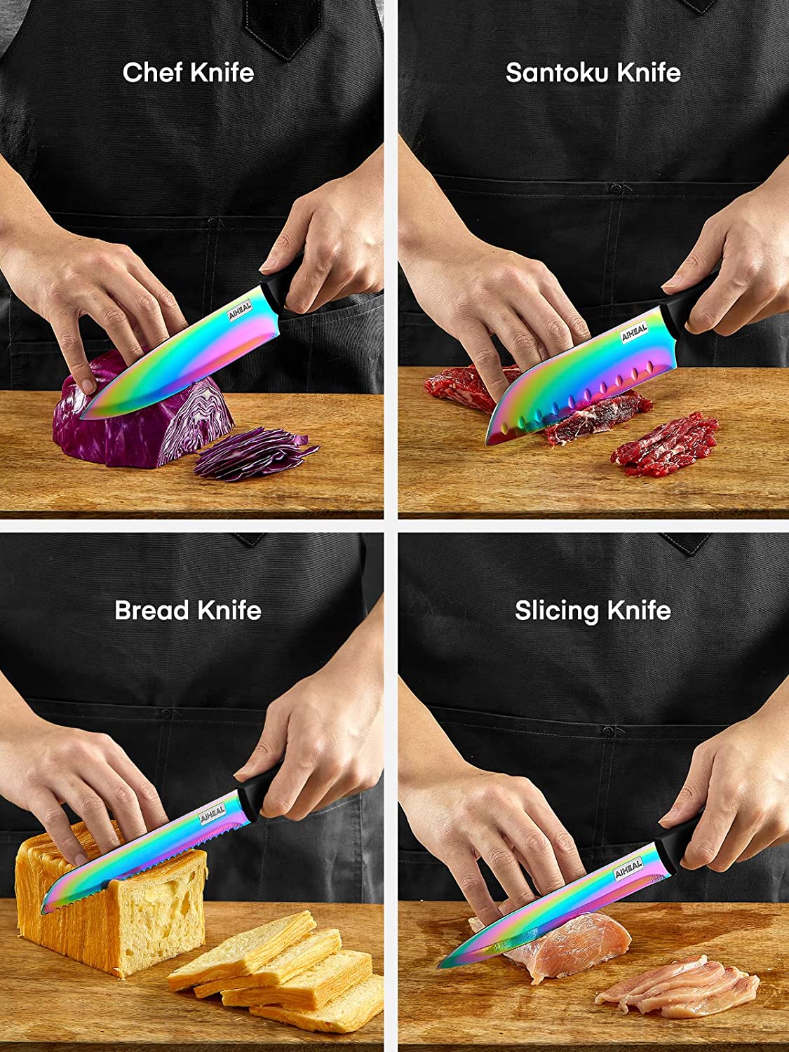 satisfy all you need, Aiheal Knife Set, 16 Pieces High Carbon Stainless Steel Rainbow Color Kitchen Knife Set, Titanium Coating Blade, No Rust and Super Sharp Cutlery Knife