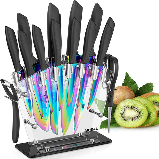 rainbow style, Aiheal Knife Set, 16 Pieces High Carbon Stainless Steel Rainbow Color Kitchen Knife Set, Titanium Coating Blade, No Rust and Super Sharp Cutlery Knife Set with Acrylic Stand and Kitchen Scissors, Gift