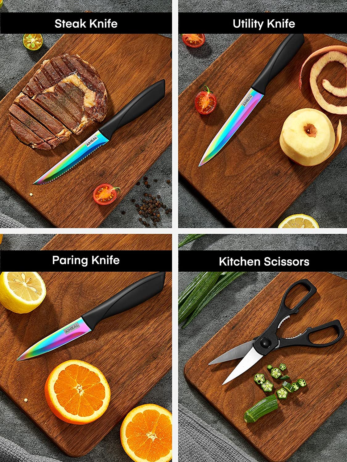 16 Pieces High Carbon Stainless Steel Rainbow Color Kitchen Knife Set, Titanium Coating Blade, No Rust and Super Sharp Cutlery Knife Set with Acrylic Stand and Kitchen Scissors, good idea as a gift