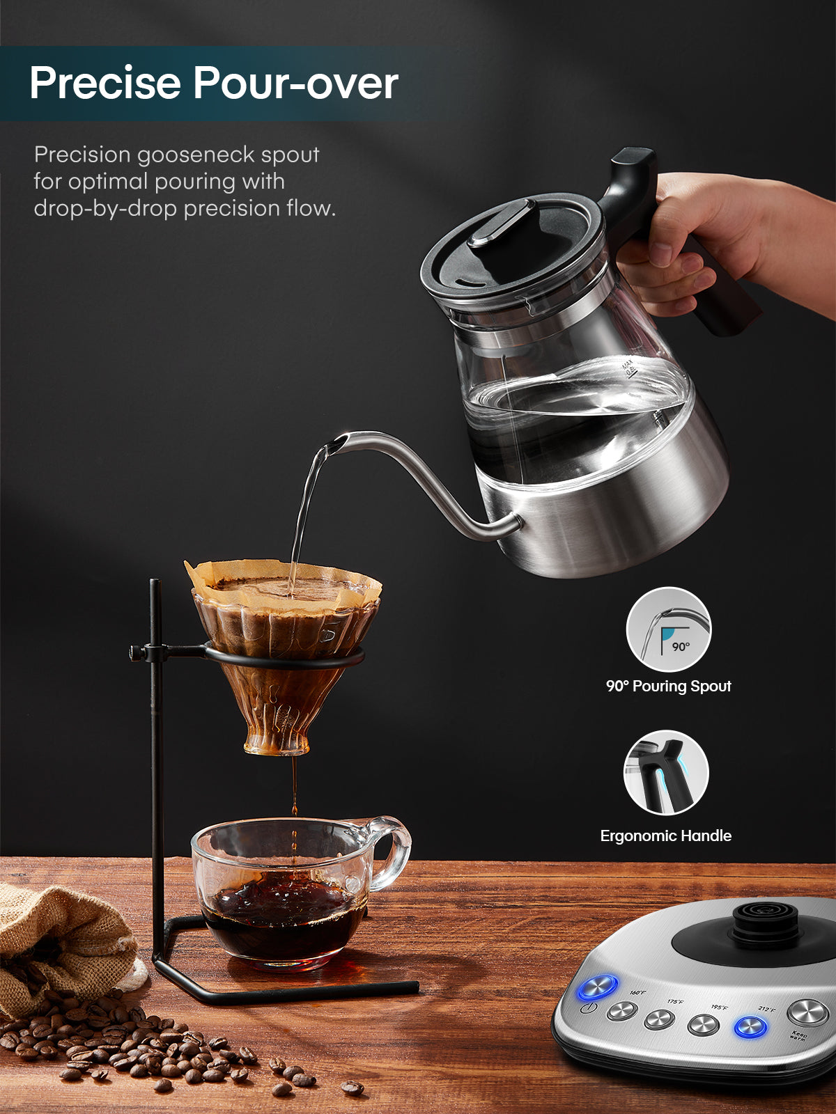 Electric Gooseneck Glass Kettle with Temperature Control, 1200W Rapid Boiling Electric Kettle for Pour-Over Tea Coffee, LCD Display, 2H Keep Warm, 0.8L, Silver