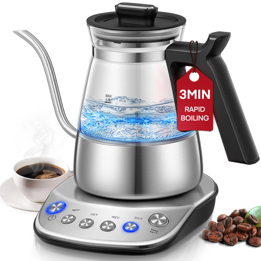 Electric Gooseneck Glass Kettle with Temperature Control, 1200W Rapid Boiling Electric Kettle for Pour-Over Tea Coffee, LCD Display, 2H Keep Warm, 0.8L, Silver